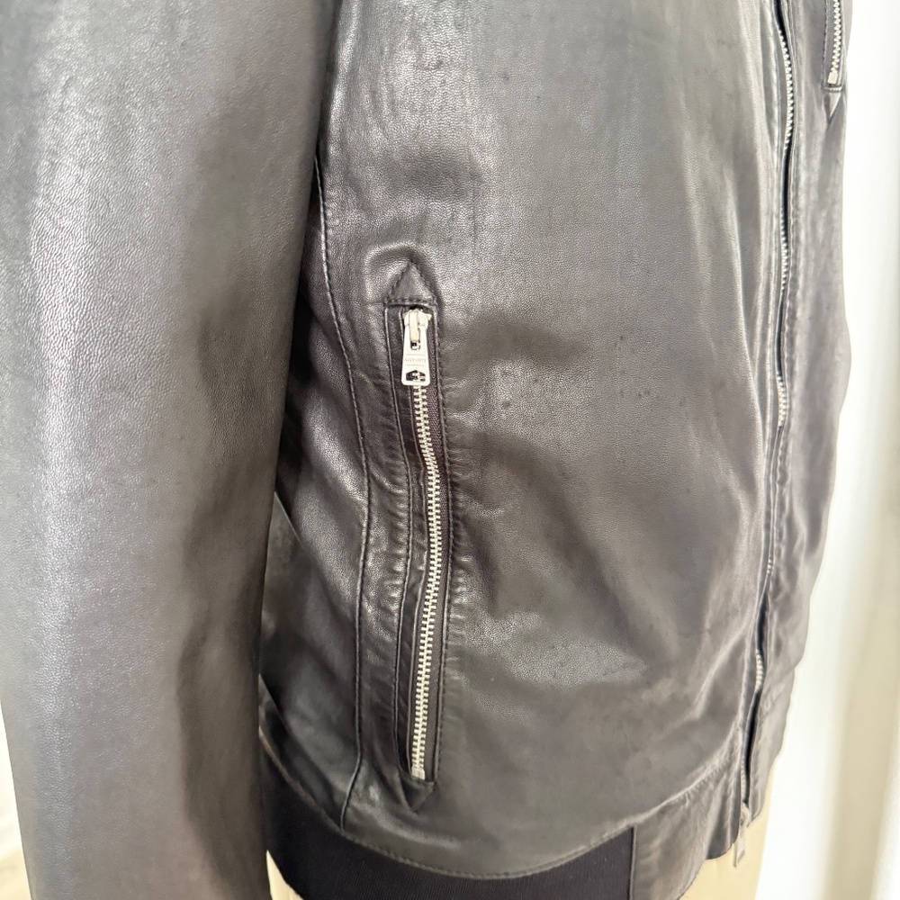 ALL SAINTS X- SMALL Mens Black Leather NINO Bomber Jacket - Picture 3 of 14